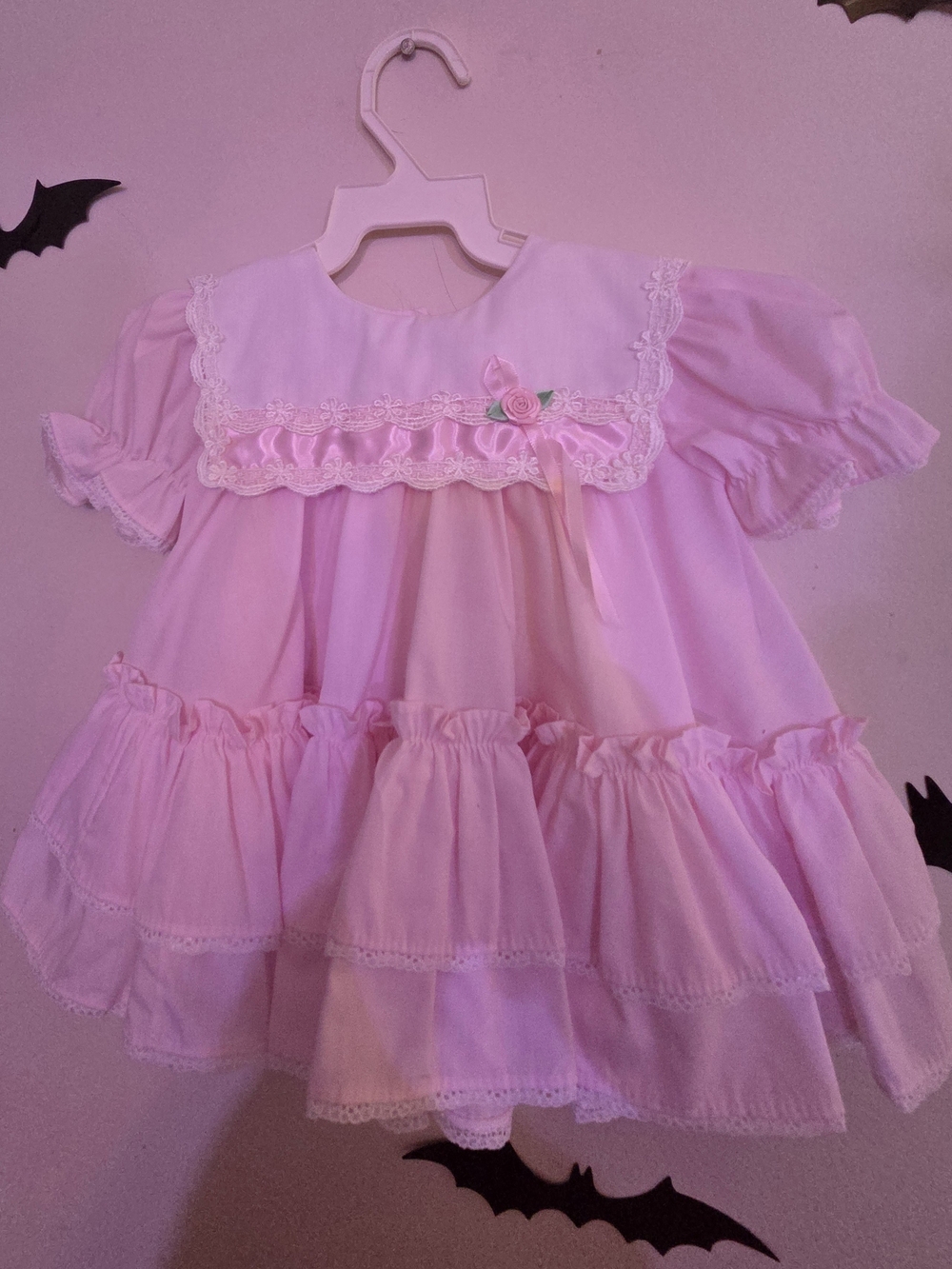 Vintage MiniWorld Pink Lace Ruffle Embroidered Formal A-Line Puff Dress. 9 Month